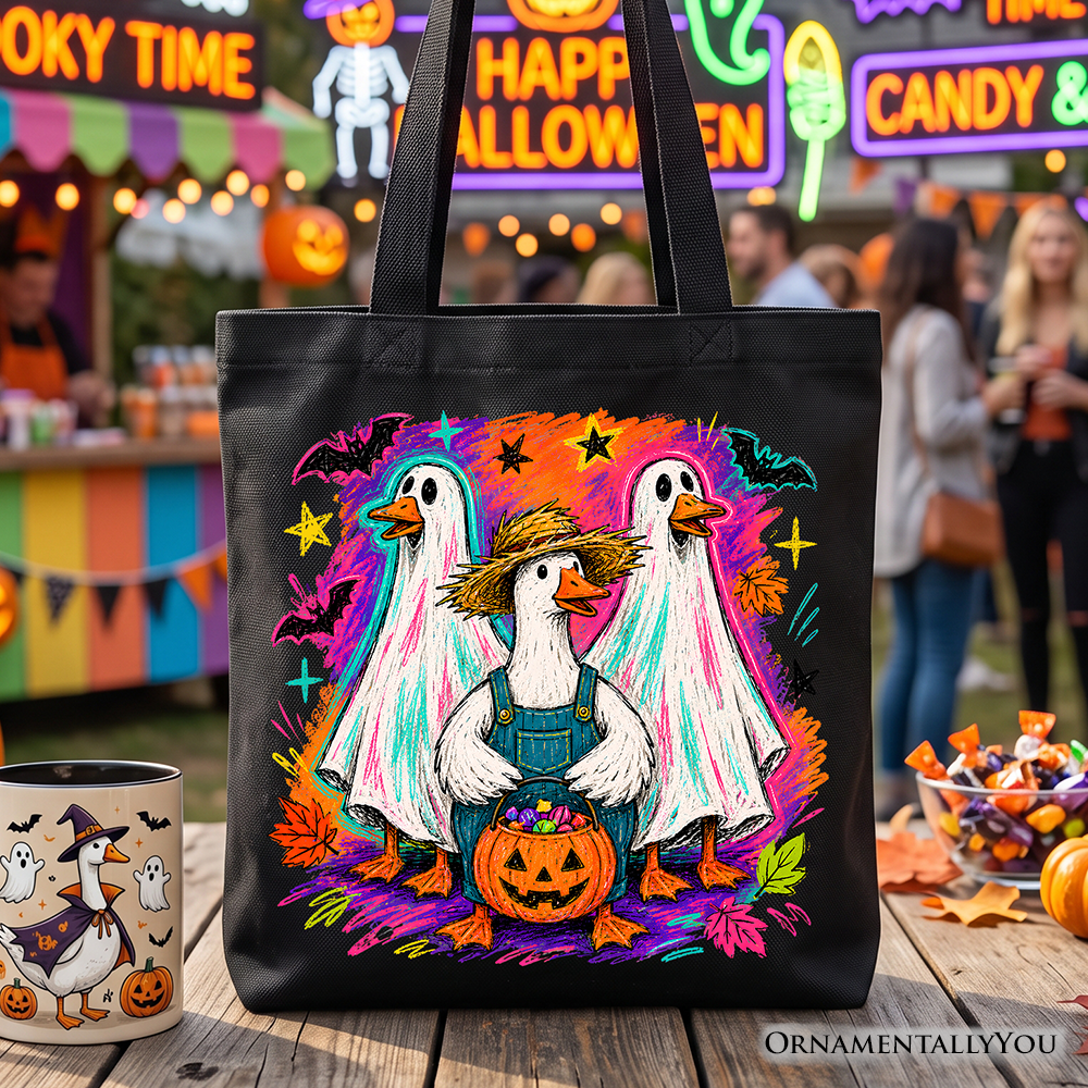 Trick or Treat Geese Tote Bag, Colorful Halloween Ghost Costume Gift Shopper