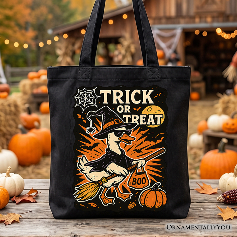 Vintage Halloween tote bag featuring a cute witch goose illustration on canvas