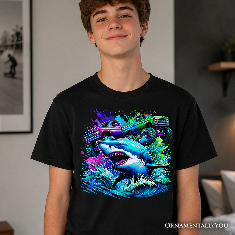 Youth boy wearing a black and multi-color abstract shark graphic cotton t-shirt