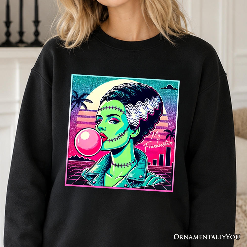 Vaperwave Mrs Frankenstein Retro Neon Horror Sweatshirt, Synthwave 80's Styled Classic Halloween Sweater