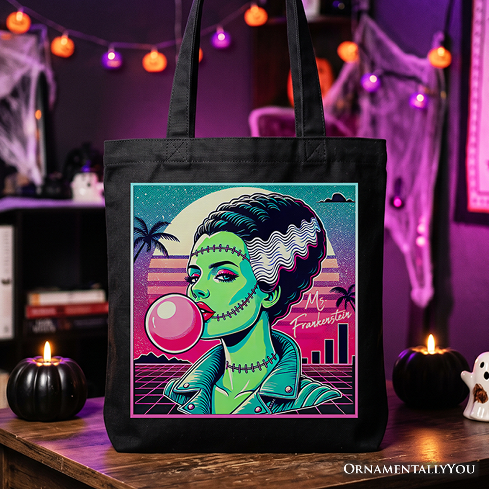 Mrs. Frankenstein neon vaporwave graphic tote bag in black, green, and pink