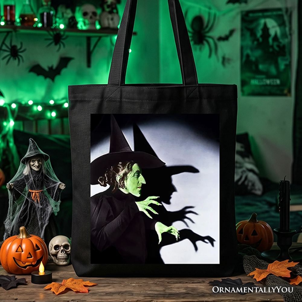 Vintage Wicked Witch of the West graphic cotton tote bag in black, white, and green