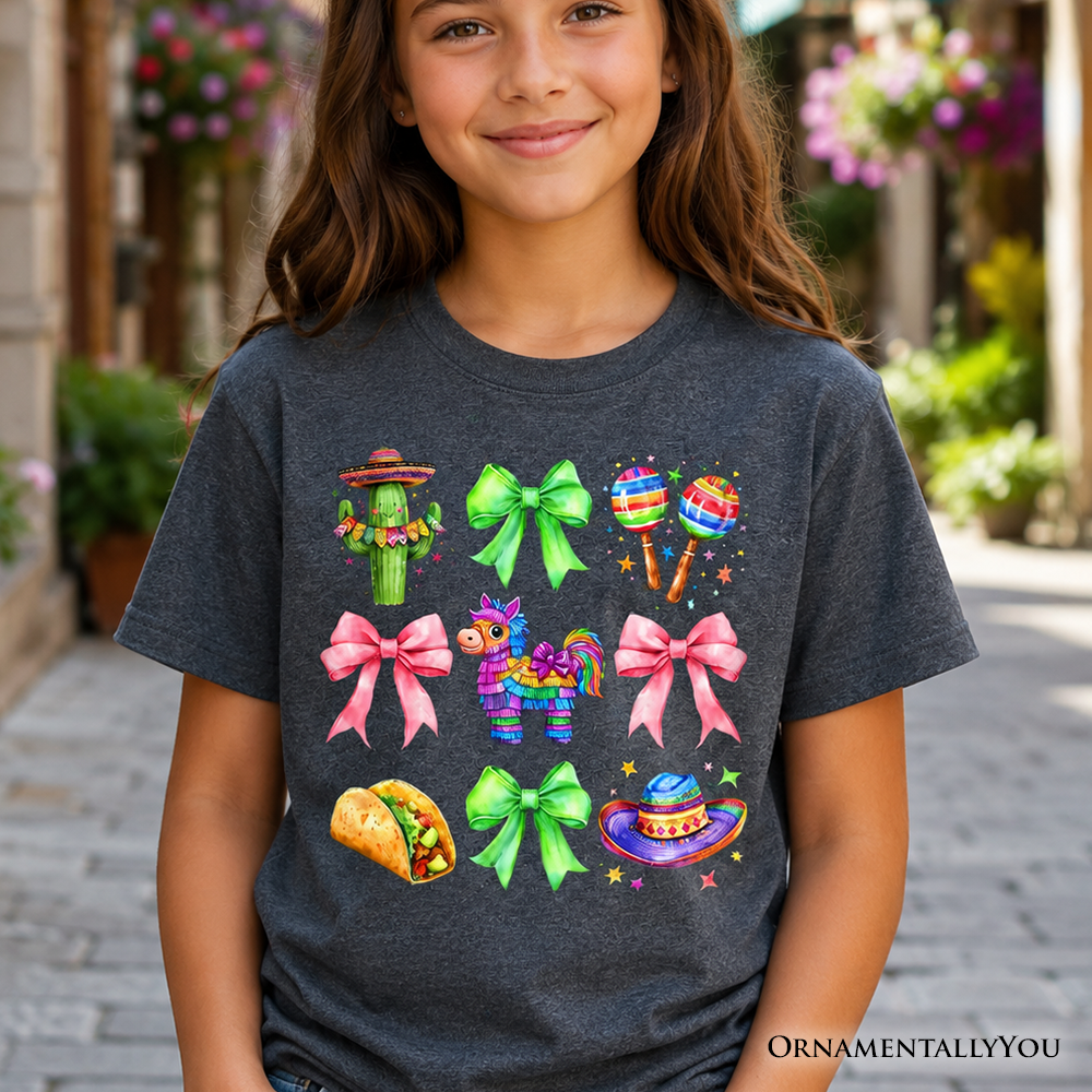 Child wearing a Cinco De Mayo themed t-shirt with maracas and coquette bow design