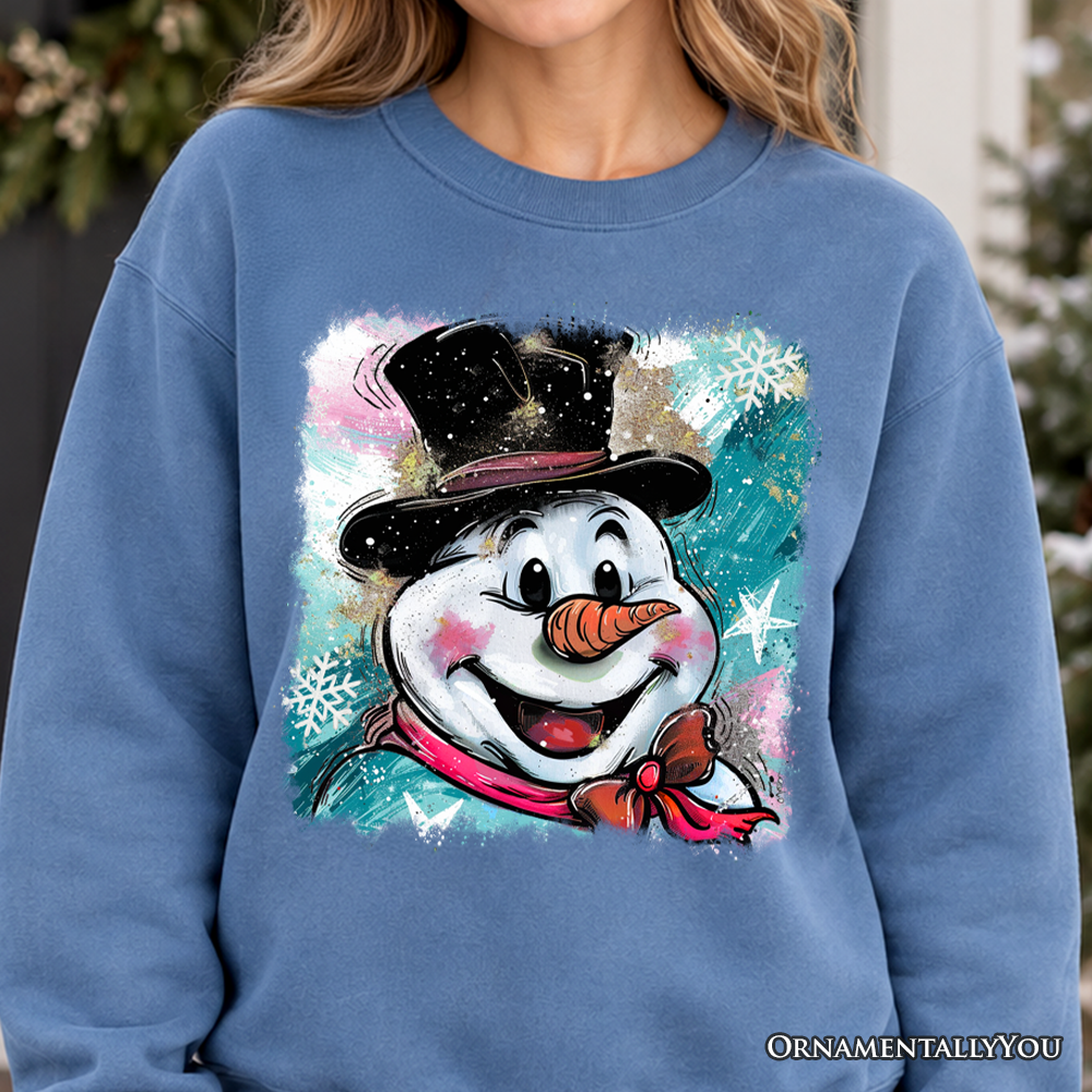 Brushstroke Cute Snowman Sweatshirt, Preppy Merry Christmas Glitter Holiday Sweater