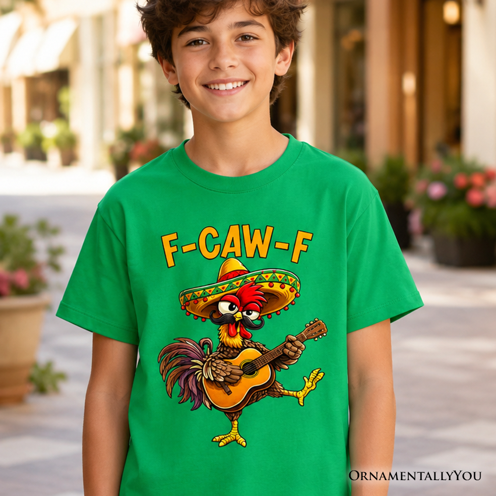 A funny Rooster Cinco De Mayo graphic t-shirt for children made from soft 100% cotton.