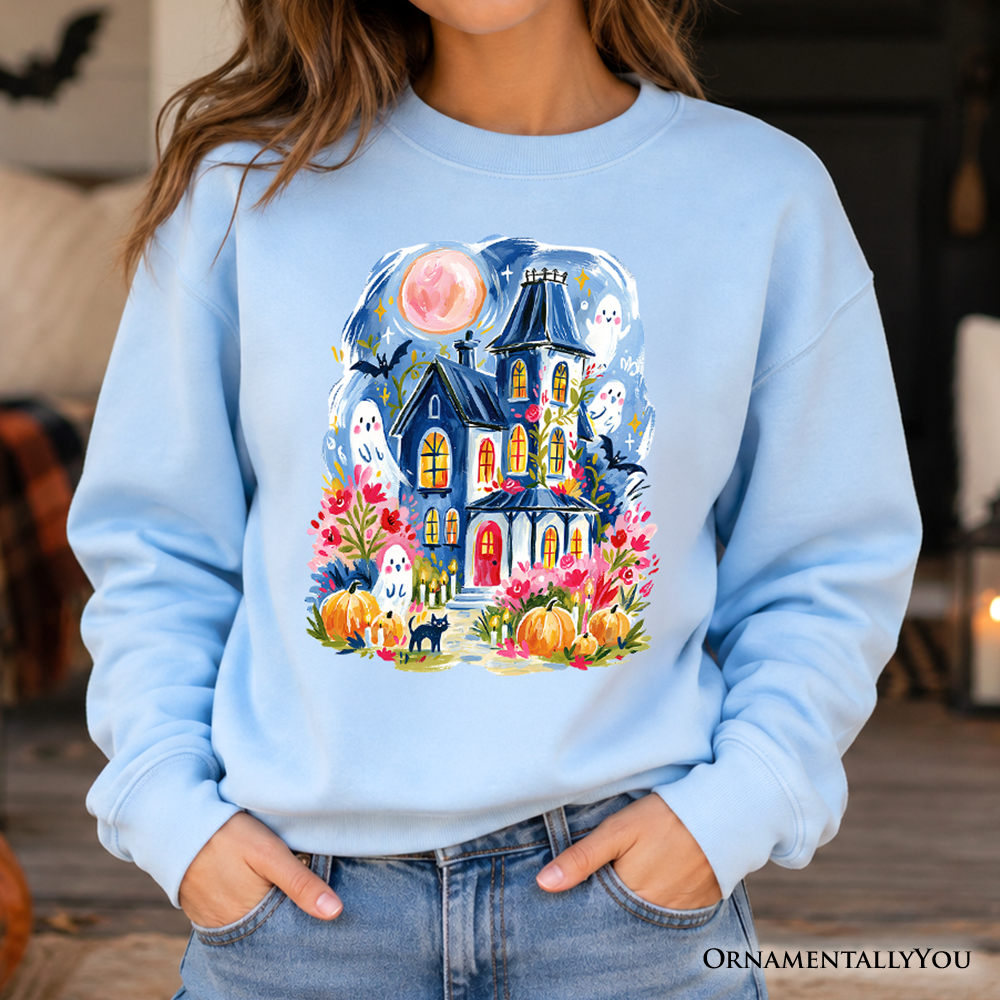Watercolor Haunted House Sweatshirt, Colorful Ghost Pumpkin Halloween Sweater