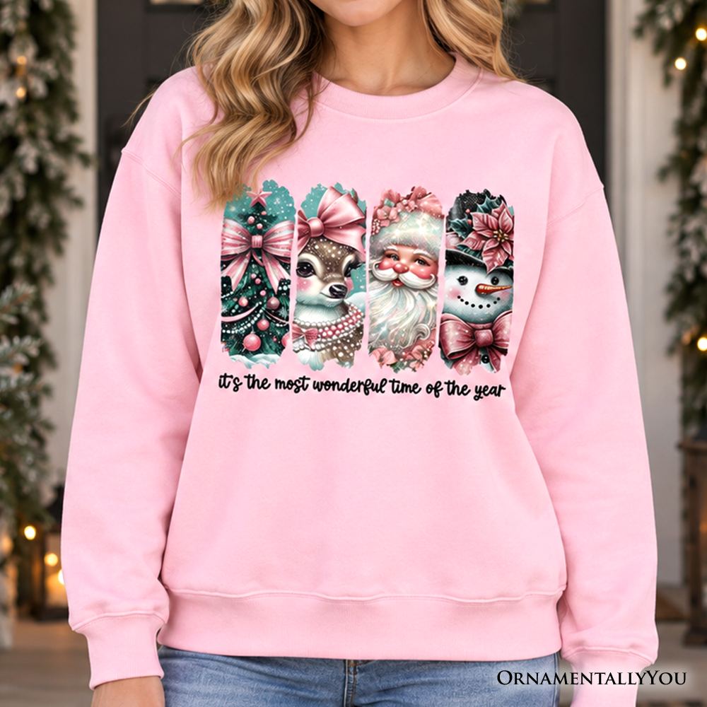 Coquette Pink Christmas Sweatshirt, It's The Most Wonderful Time Of The Year Vintage Tree, Reindeer, Santa and Snowman Sweater
