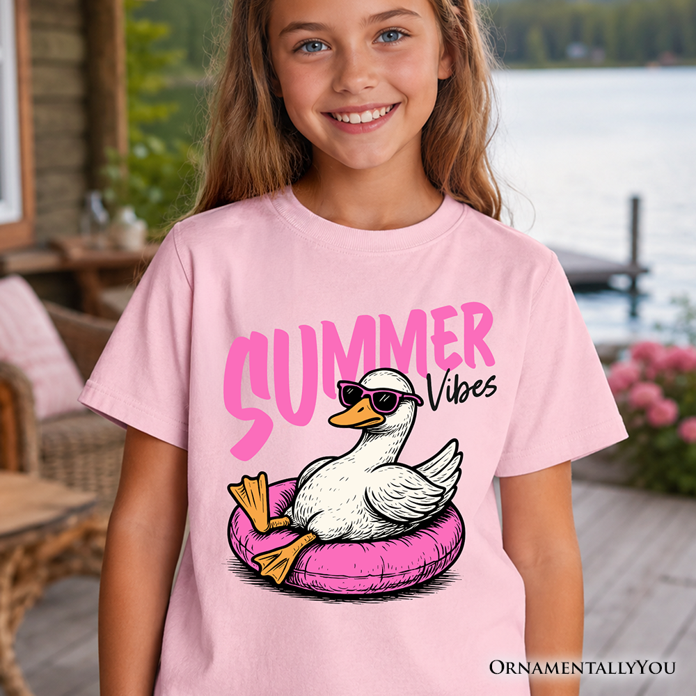 Funny kids summer vibes goose graphic t-shirt in pink, white, and lavender