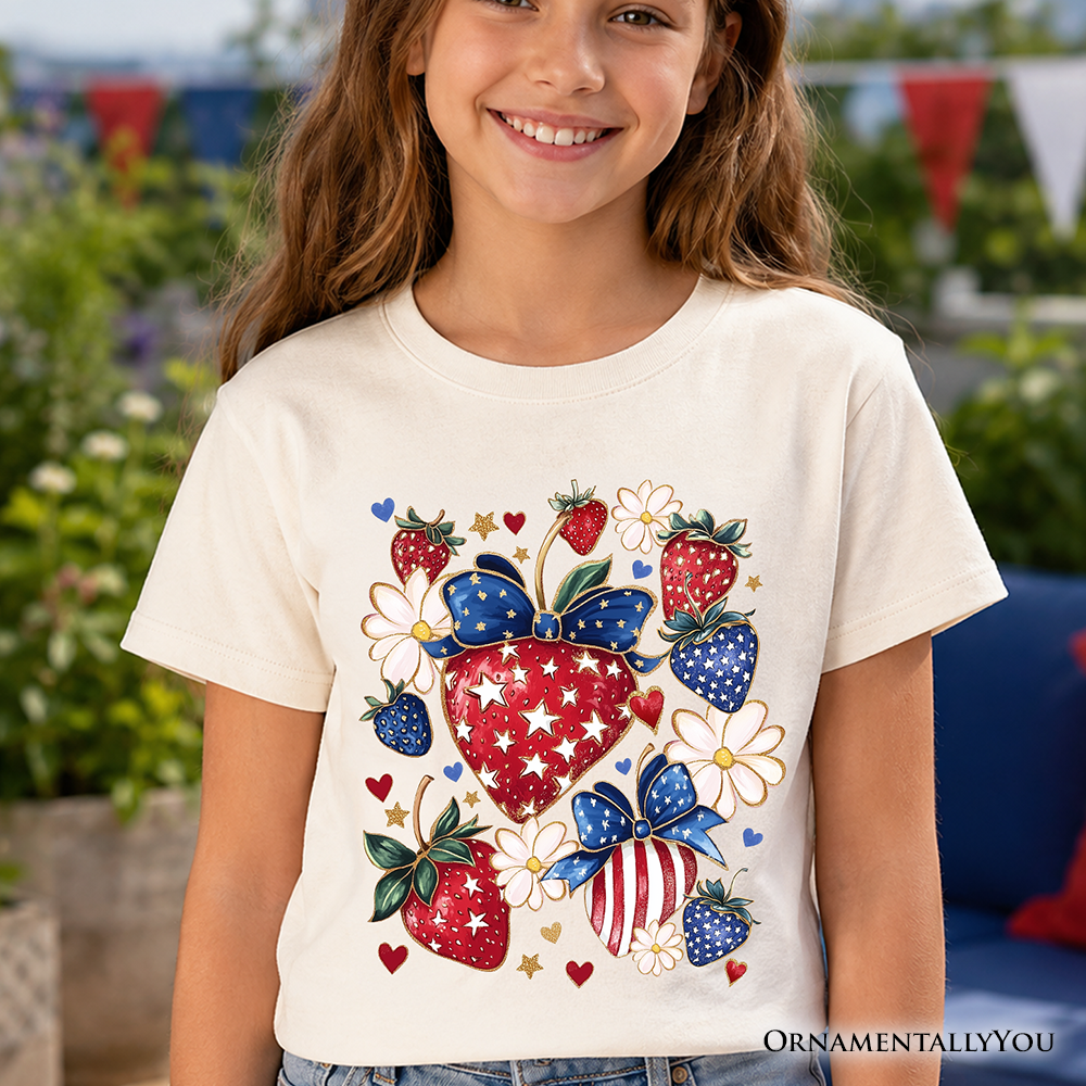 Kids wearing a patriotic boho strawberry bouquet graphic t-shirt for 4th of July