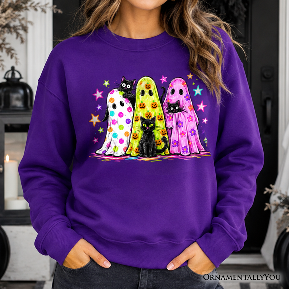 Colorful Ghosts and Black Cats Sweatshirt, Neon Halloween Spooky Season Sweater
