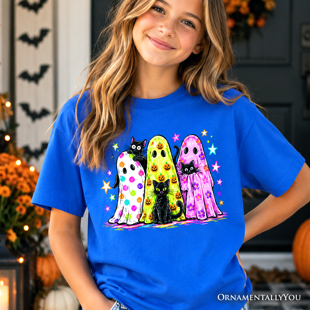 Kids Colorful Ghosts and Black Cats T-Shirt, Neon Halloween Spooky Season Youth Tee