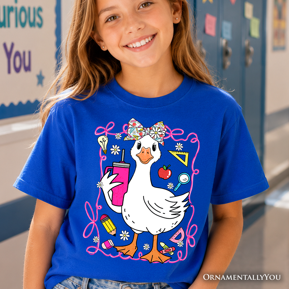 Youth girl wearing a cute blue and pink Coquette School Goose graphic cotton t-shirt