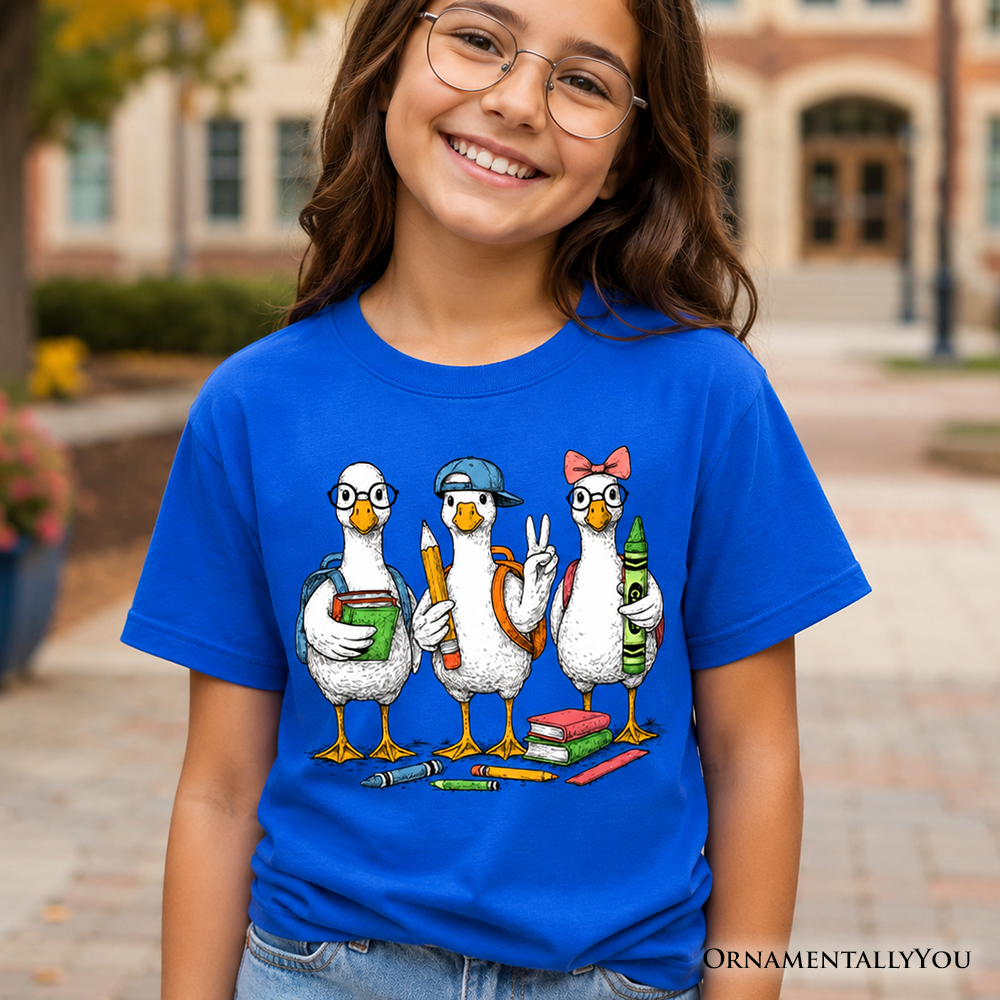Youth t-shirt featuring a cute goose illustration for back to school