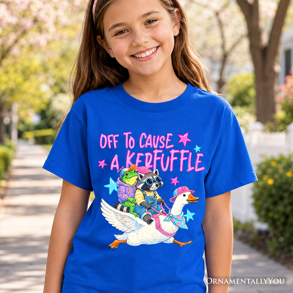Blue and navy youth t-shirt with funny Off To Cause A Kerfuffle graphic