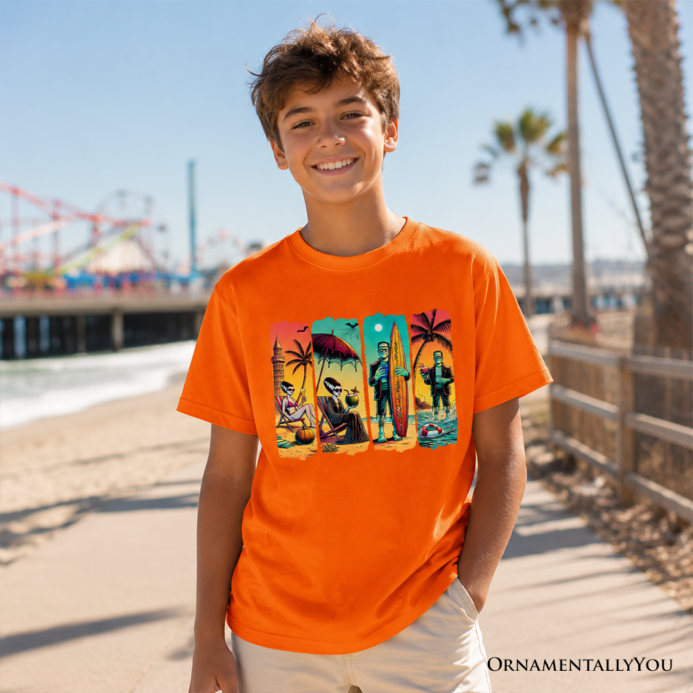 Child wearing a neon retro Frankenstein beach vacation graphic t-shirt