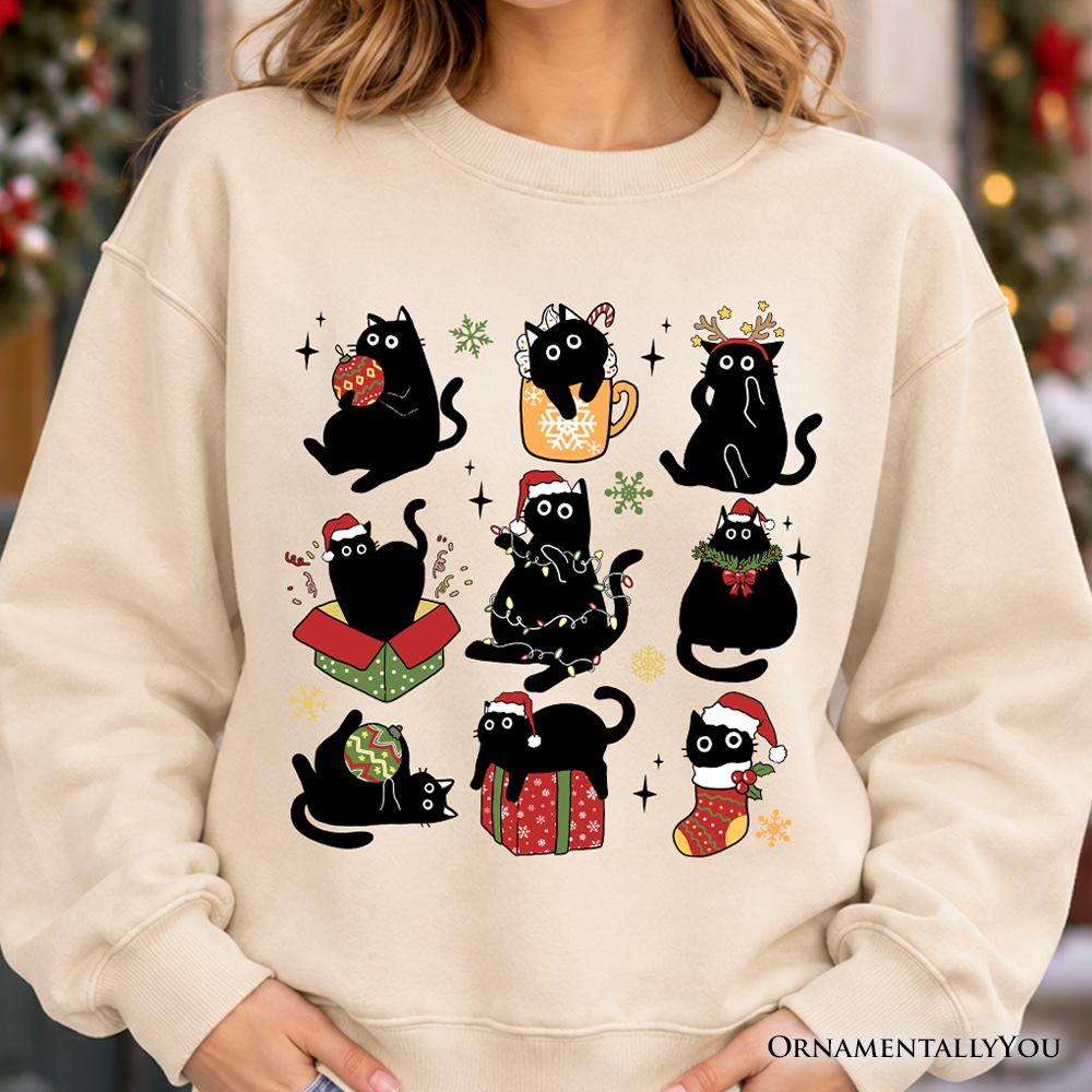 Christmas Black Cats Sweatshirt, Whimsical Cats with Santa Hat Sweater