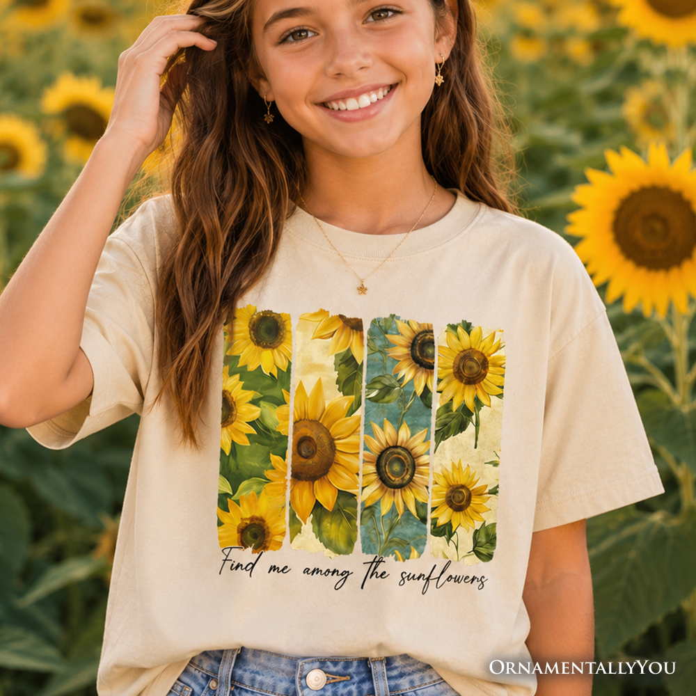 Kids floral t-shirt with Sunflower graphic in green, yellow, and brown