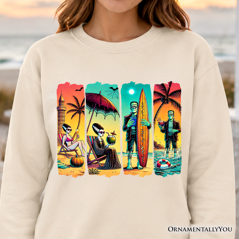 Frankenstein's Beach Vacation Sweatshirt, Retro Neon Surf Style Sweater for Horror Fans with Summer Vibes