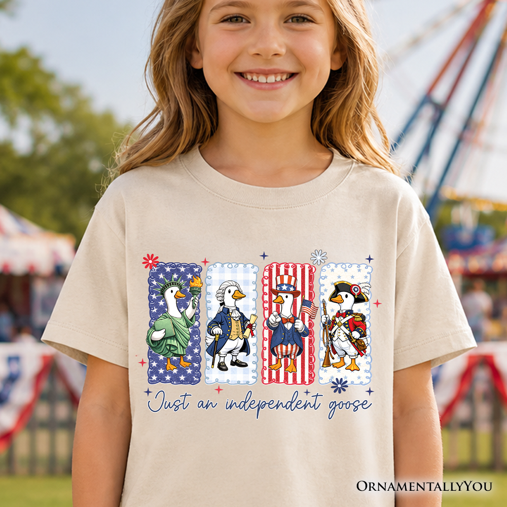 Kids funny patriotic goose graphic t-shirt in sage green, beige, and white