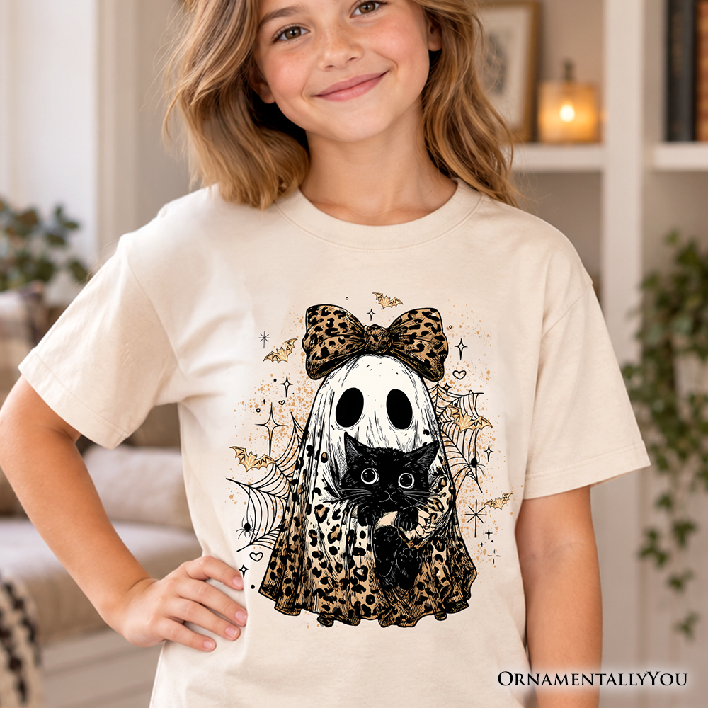 Kids Leopard Bow Ghost with Black Cat T-Shirt, Spooky Halloween Spider Web Youth Tee