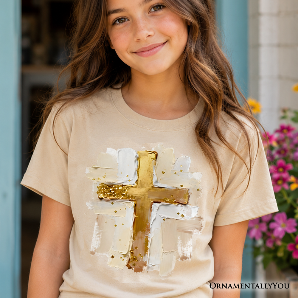 White and beige kids t-shirt featuring an abstract oil brushstroke cross