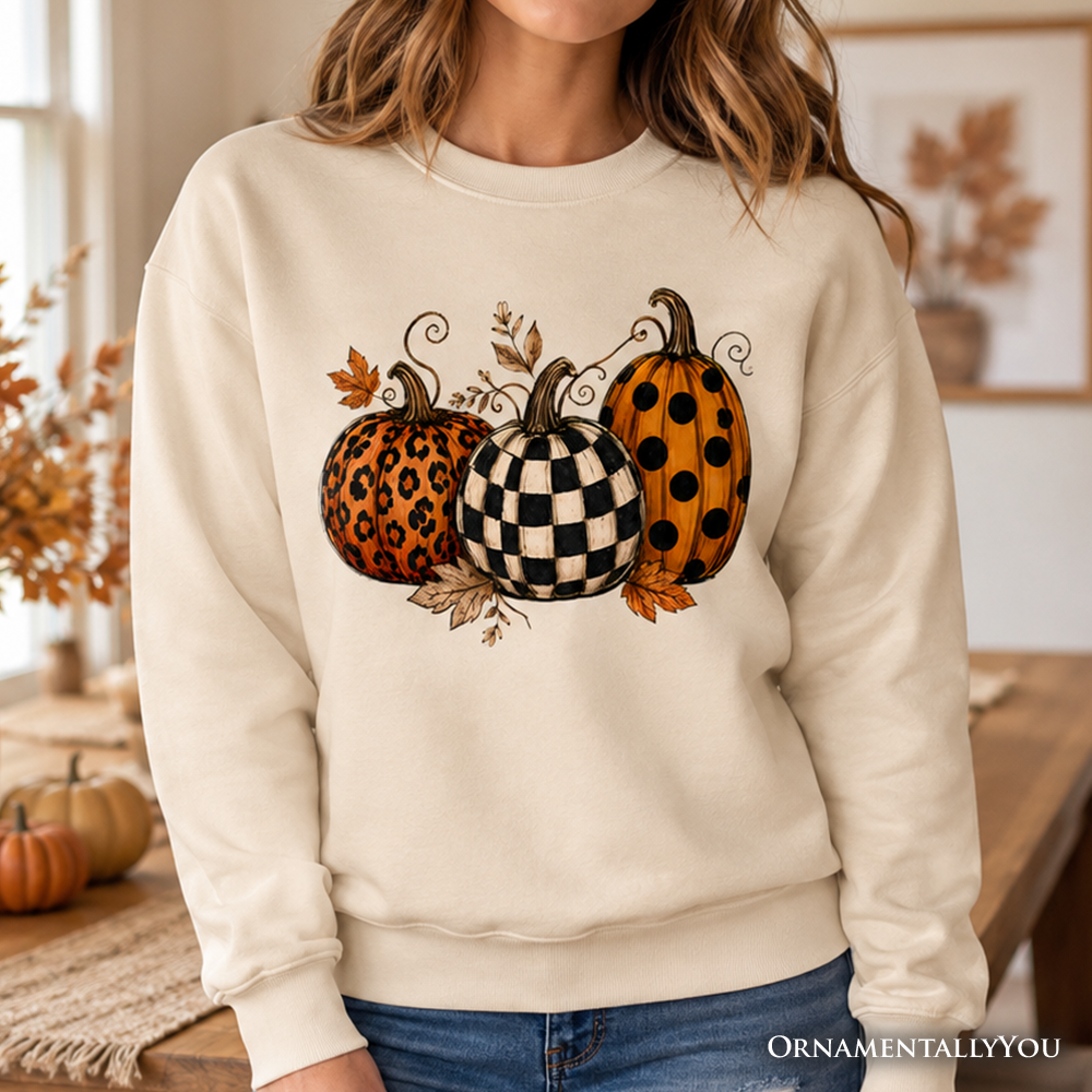 Leopard Checkered Pumpkin Sweatshirt, Autumn Fall Sweater