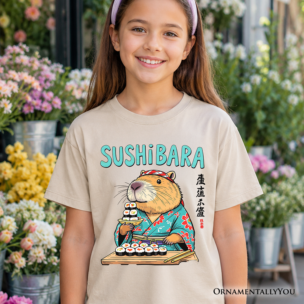 White kids t-shirt with funny Sushibara capybara sushi animal graphic