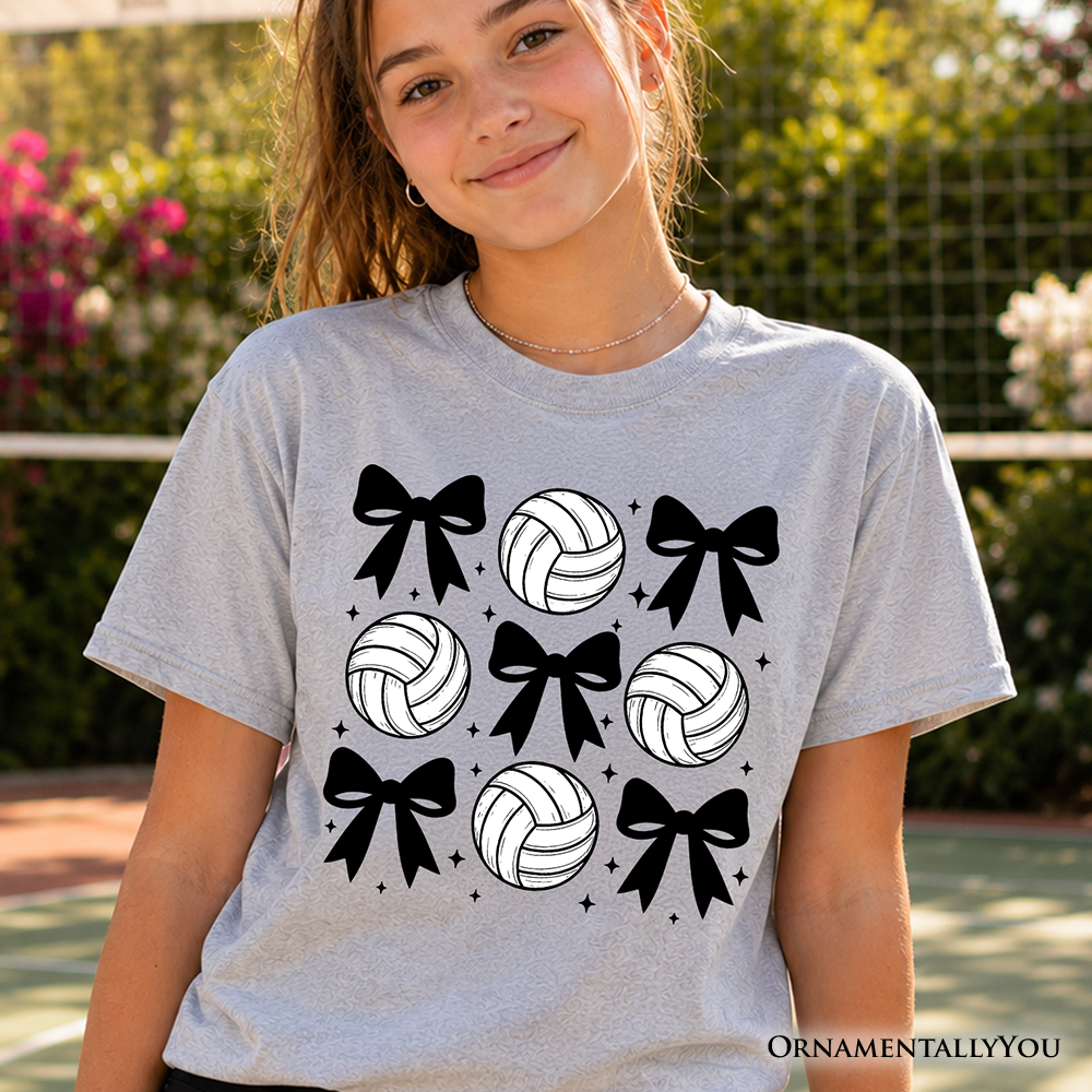 Athletic youth girl wearing a sporty green and black Volleyball Bows graphic t-shirt