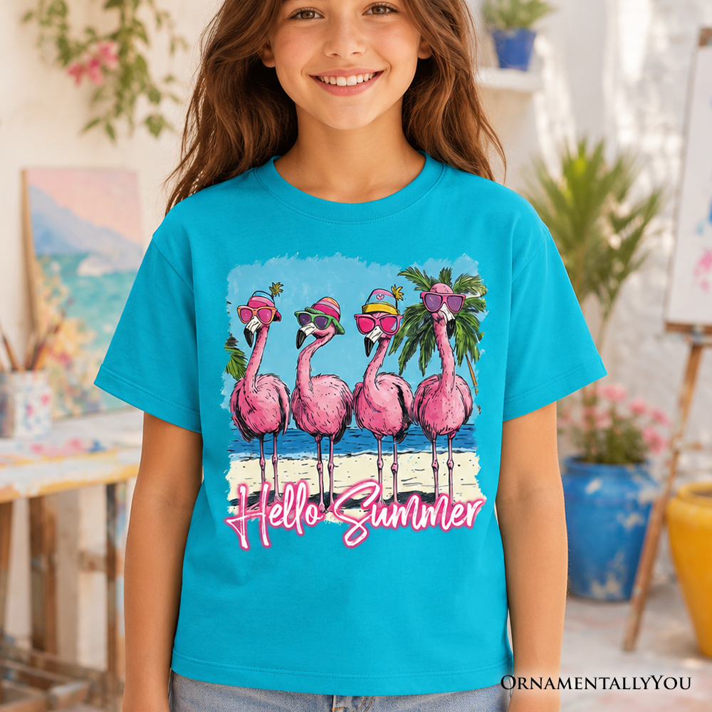 A bright and fun Hello Summer flamingo graphic T-shirt for kids, perfect for beach trips.