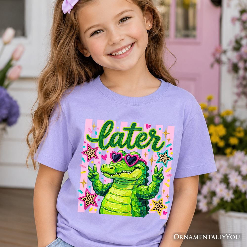 Whimsical Later Alligator graphic t-shirt for girls in lavender