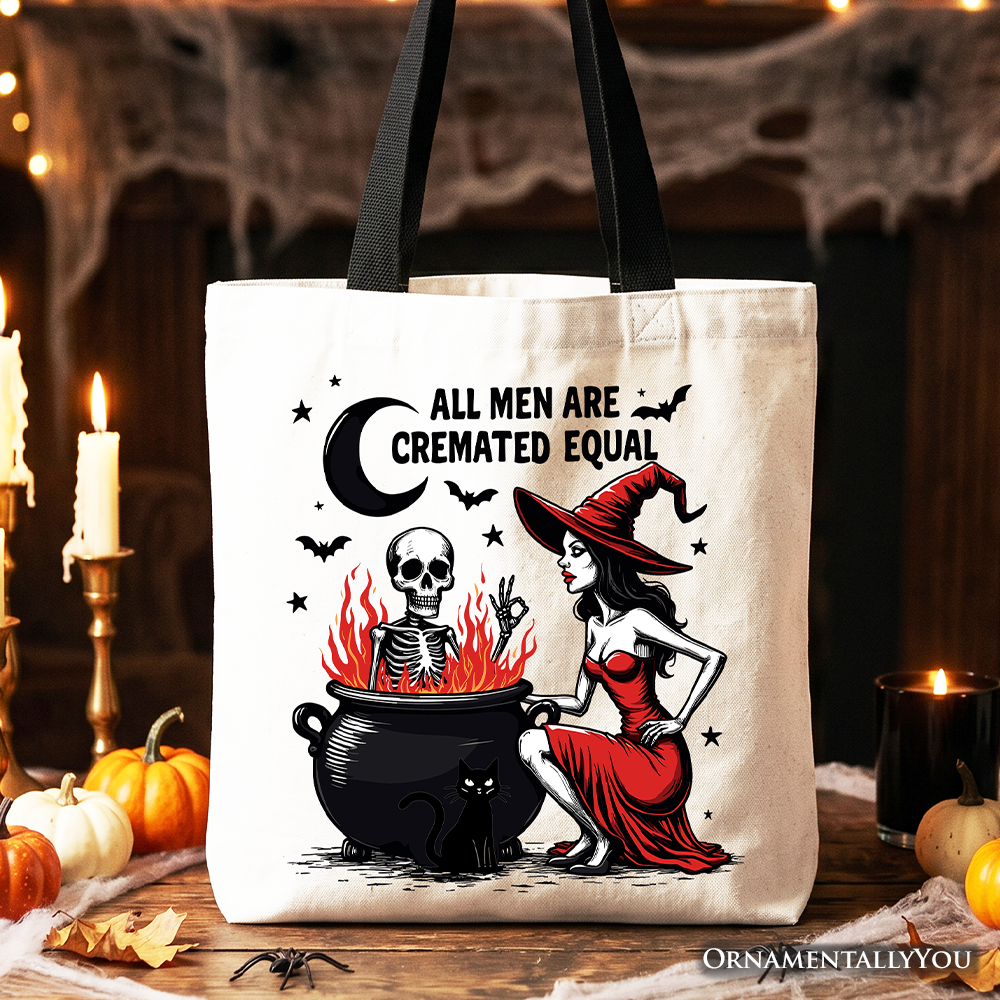 Funny All Men Are Cremated Equal witch graphic on a white and black cotton canvas tote bag.