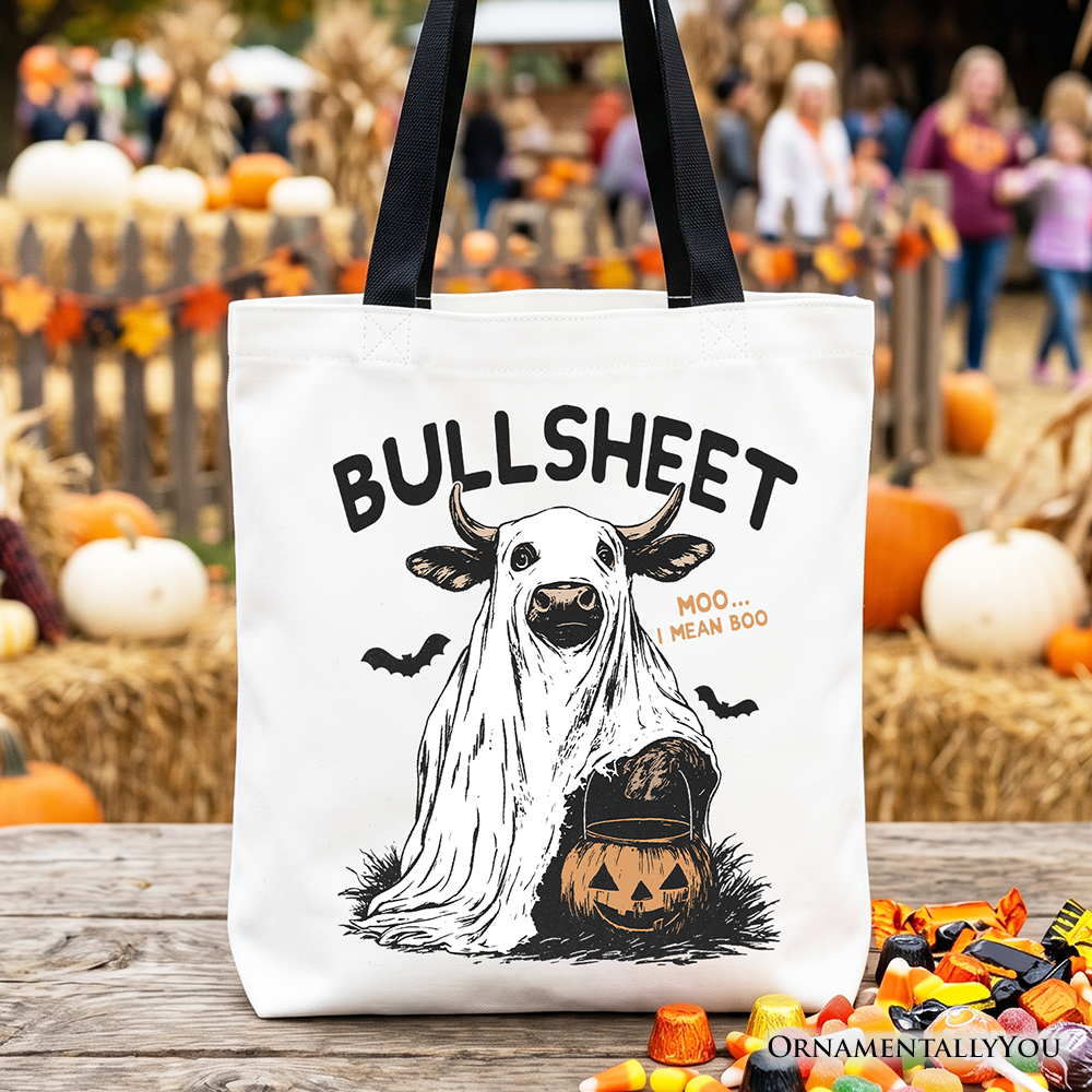 Funny Bullsheet Halloween bull graphic on a durable tote bag