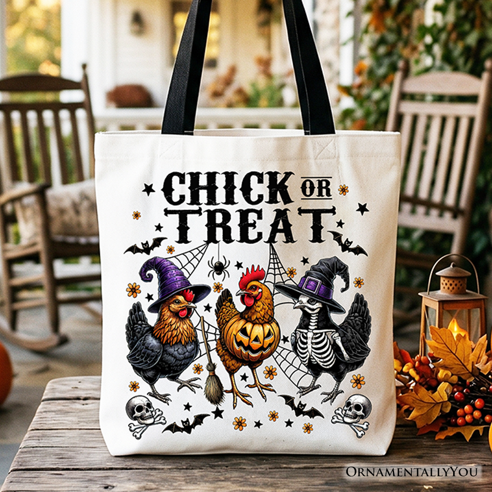 Chick or Treat farmhouse style canvas tote bag with chicken graphic