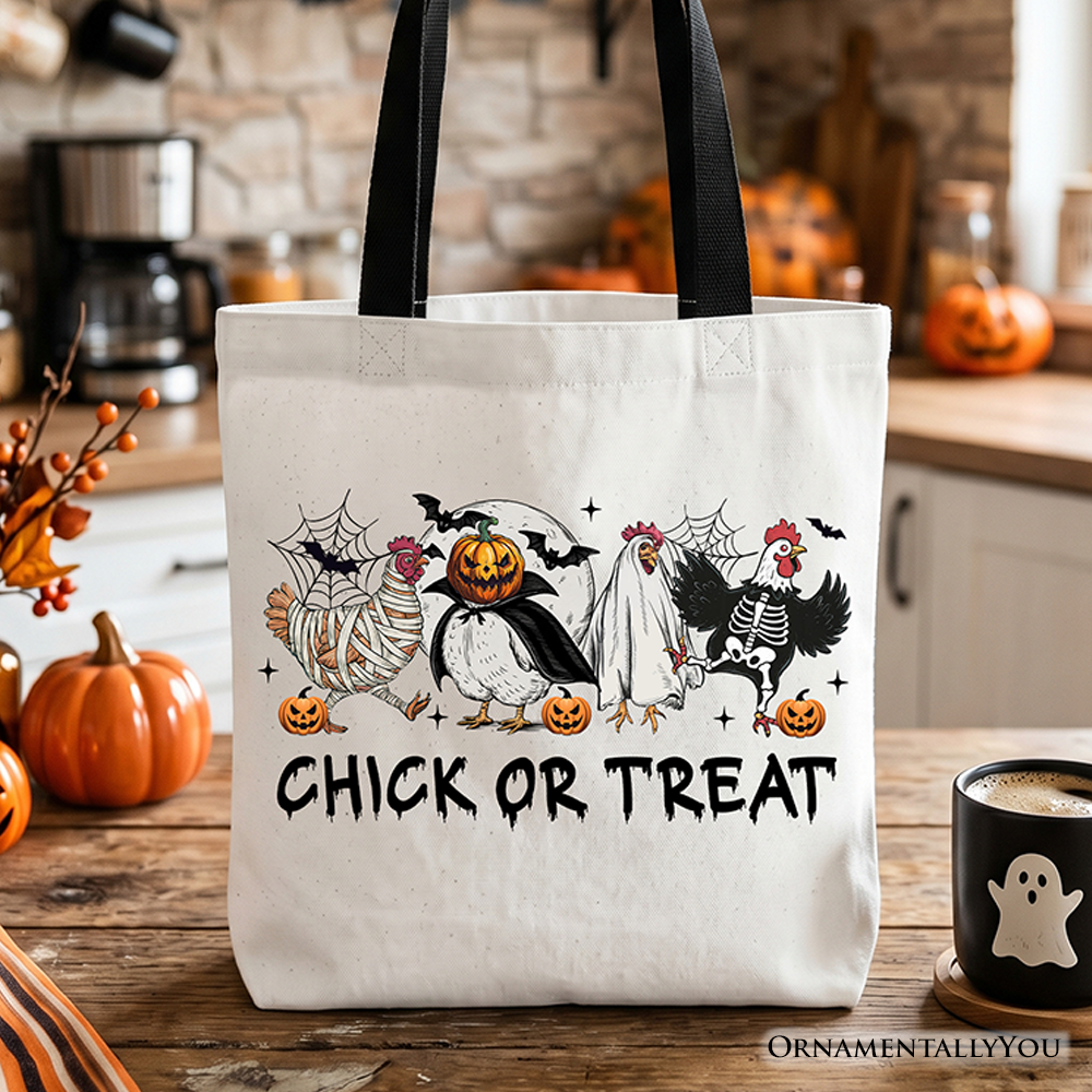 Spooky Chick or Treat Halloween chicken graphic on a durable canvas tote bag