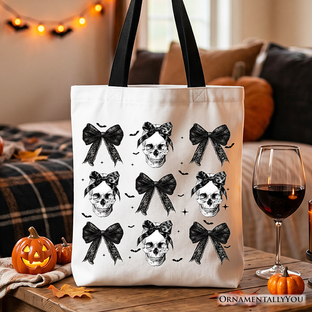 Coquette Skulls and Bows gothic canvas tote bag with double-sided print