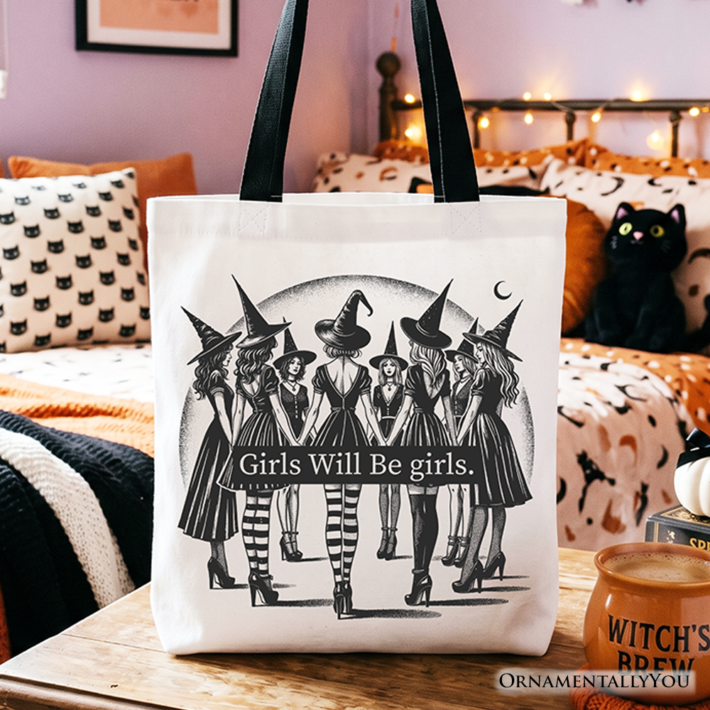 Off-white cotton tote bag with black Girls Will Be Girls witchy illustration
