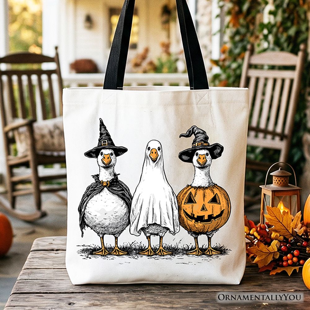 Haunting Honkers goose tote bag featuring a goose in a Halloween costume