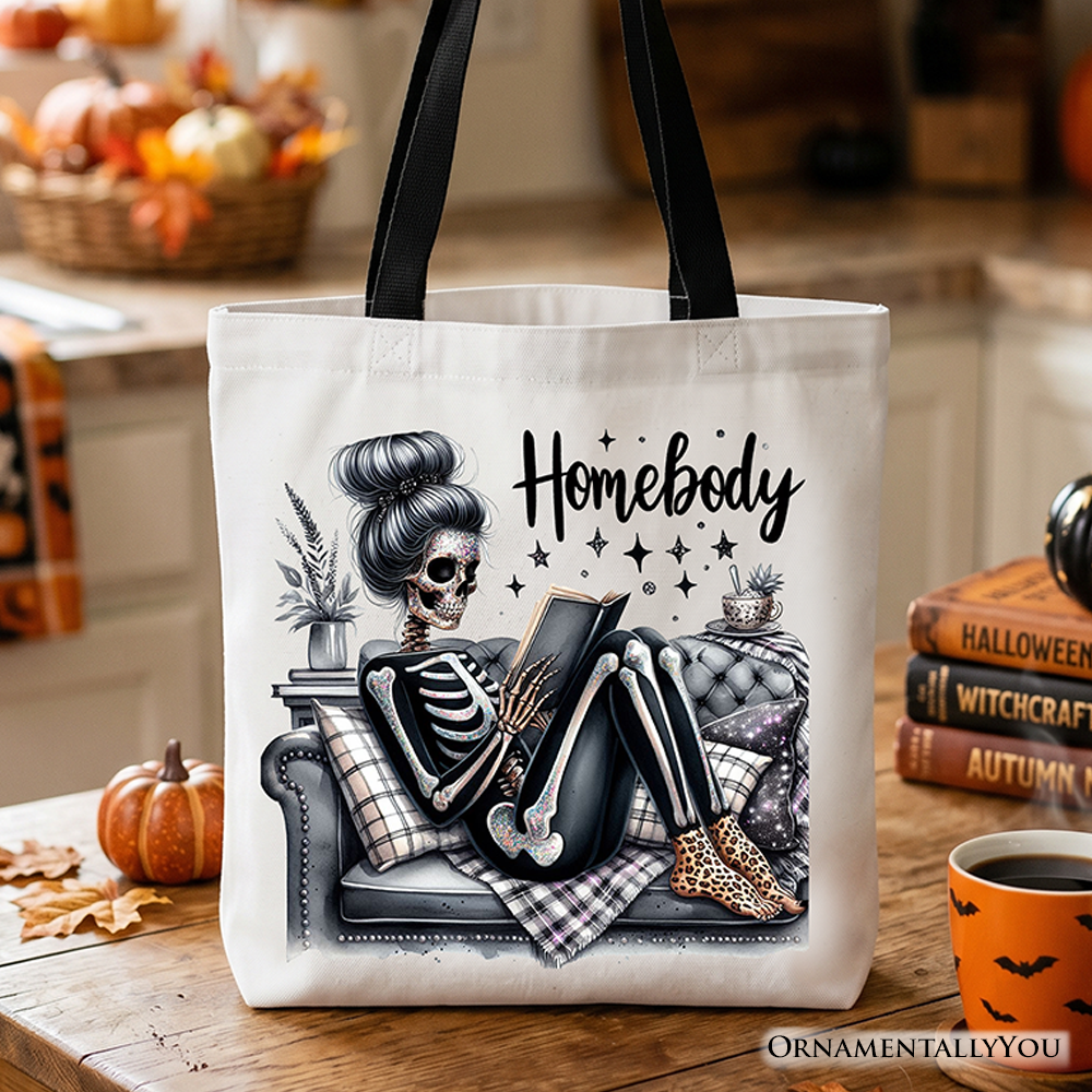 Homebody reading skeleton graphic on a large canvas tote bag for book lovers