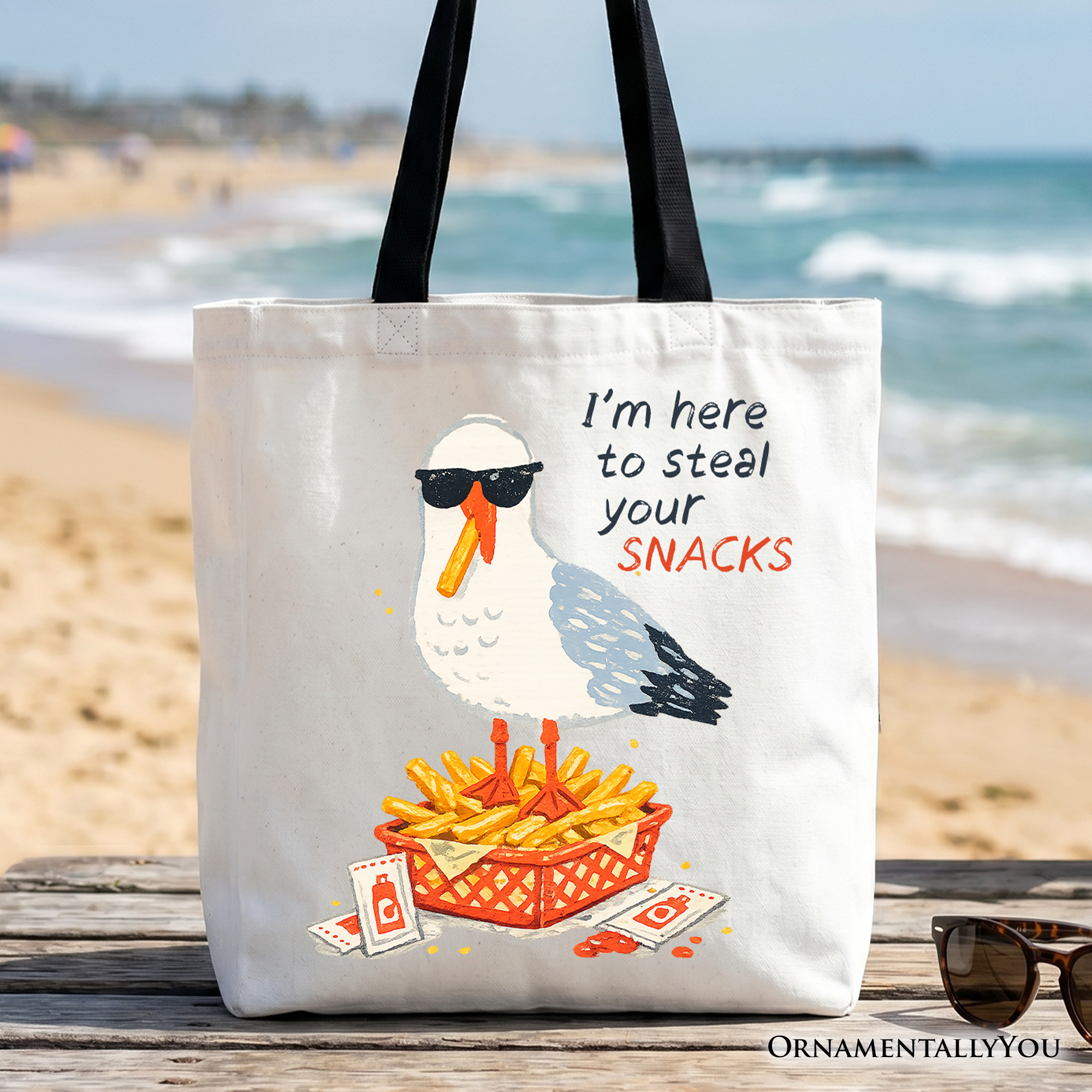 White and black canvas tote bag featuring a seagull graphic and 'I'm Here To Steal Your Snacks' text.