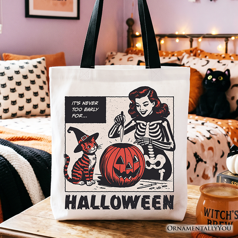 Retro-style It's Never Too Early for Halloween canvas tote bag