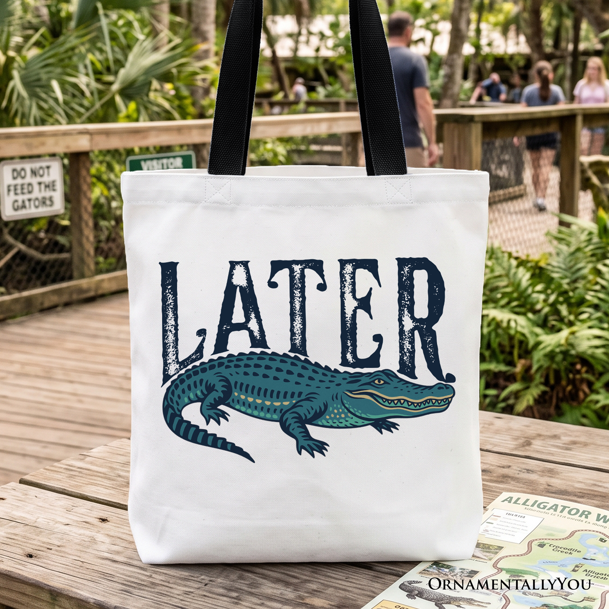 Beige cotton canvas tote bag with a sarcastic Later Alligator animal graphic.