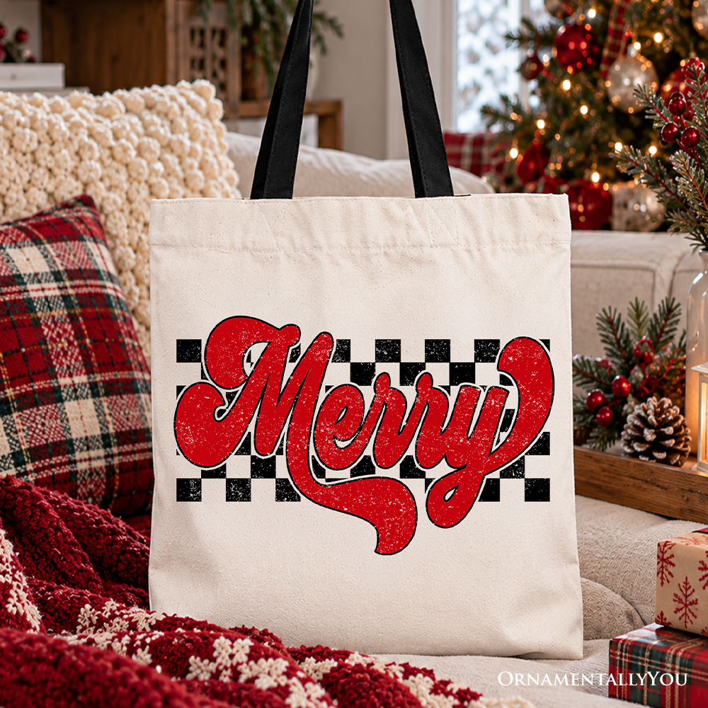 Merry Retro Tote Bag, Christmas Checkered Gift Shopper