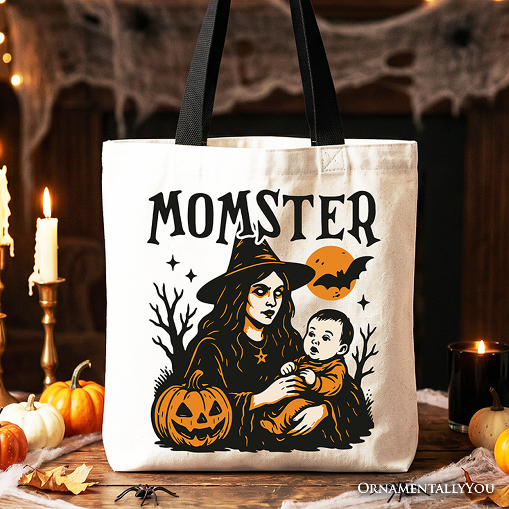 Momster Halloween graphic on a durable canvas tote bag for moms