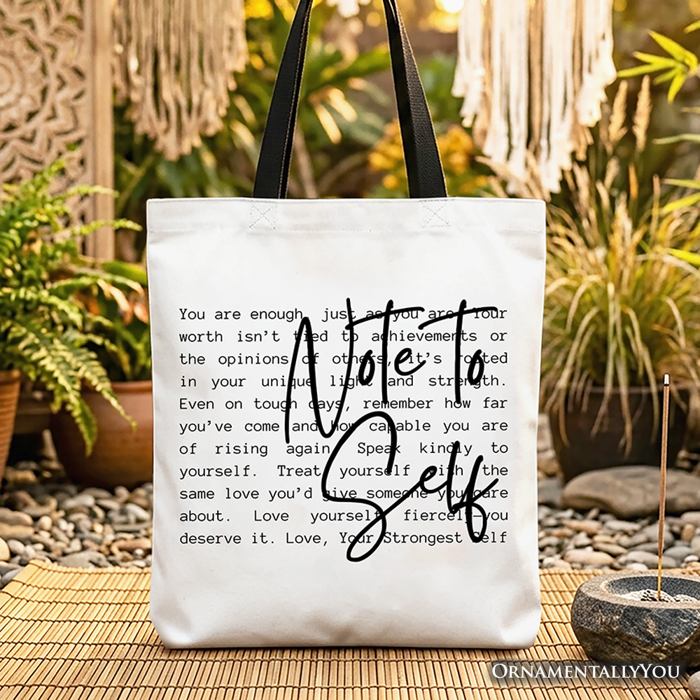 Note To Self Mental Health canvas tote bag featuring motivational text for self-care and daily errands