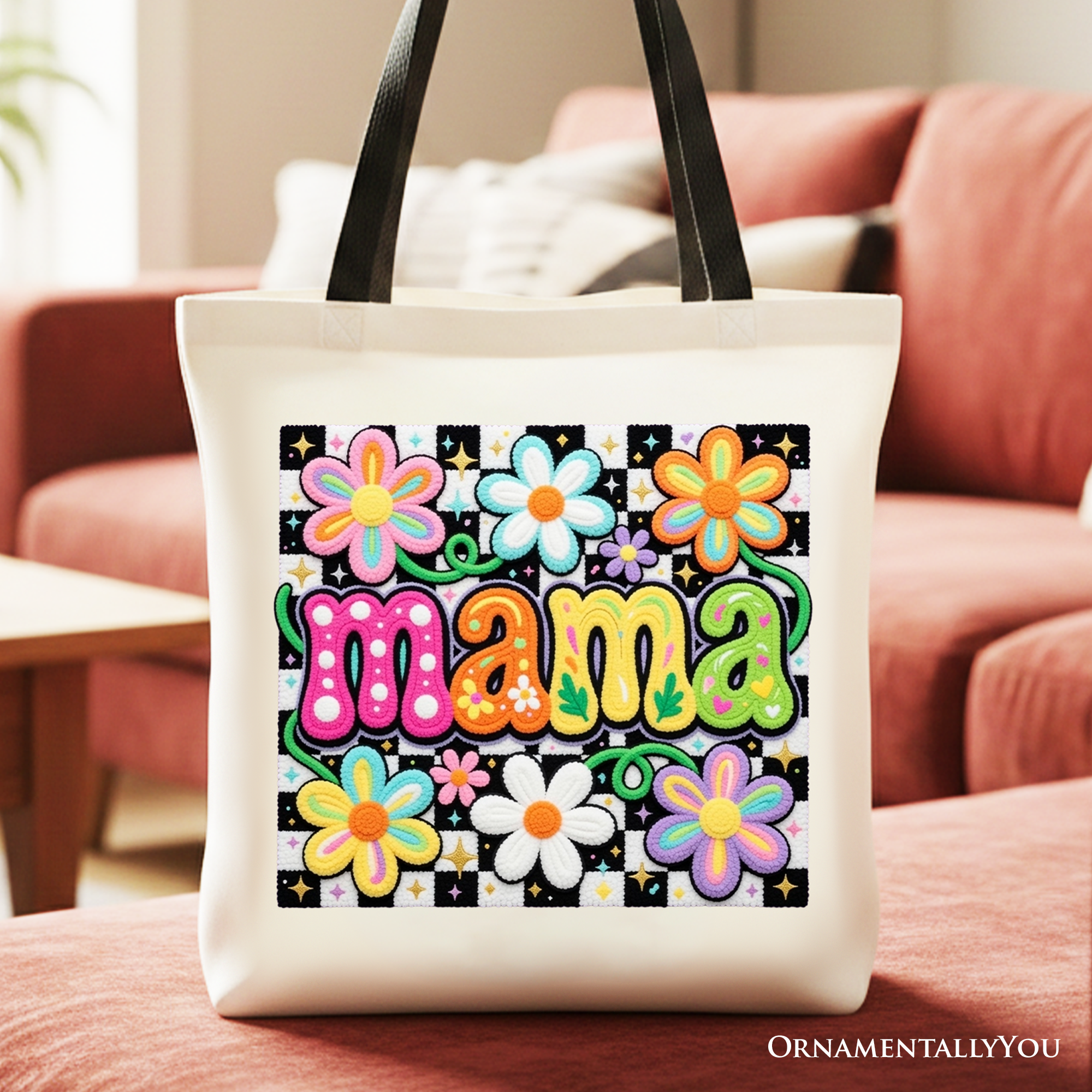 Cream and black canvas tote featuring retro floral 'Mama' typography.