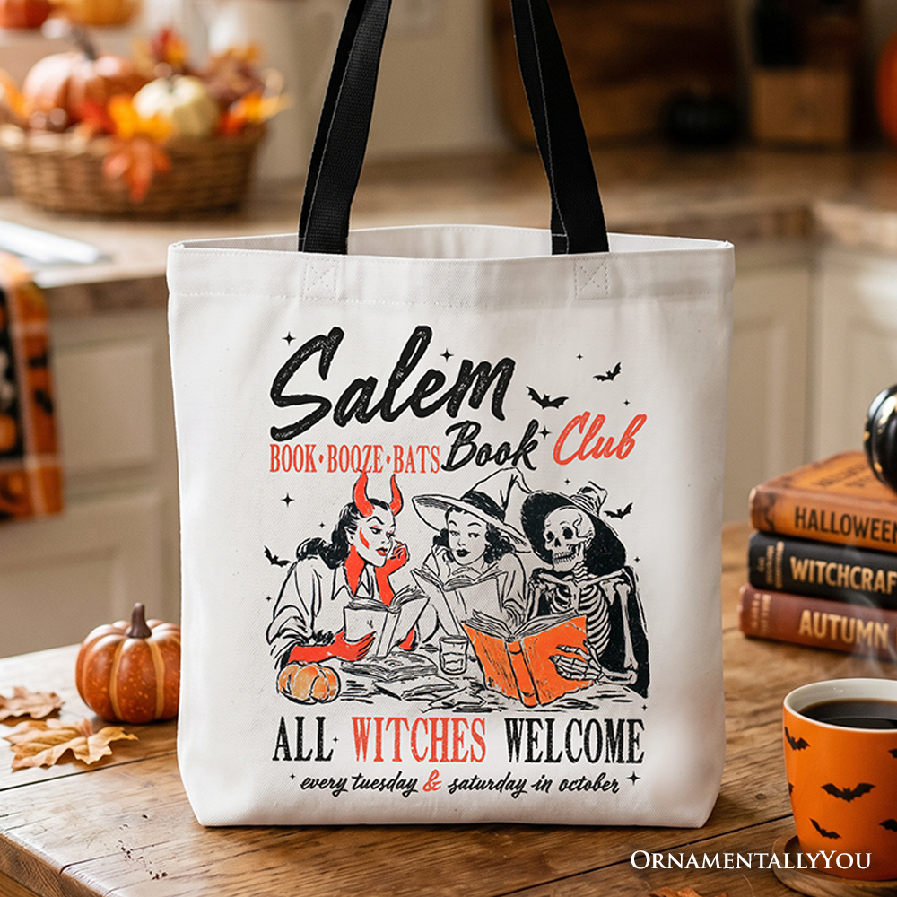 Salem Book Club vintage aesthetic Halloween tote bag with black, white, and orange print