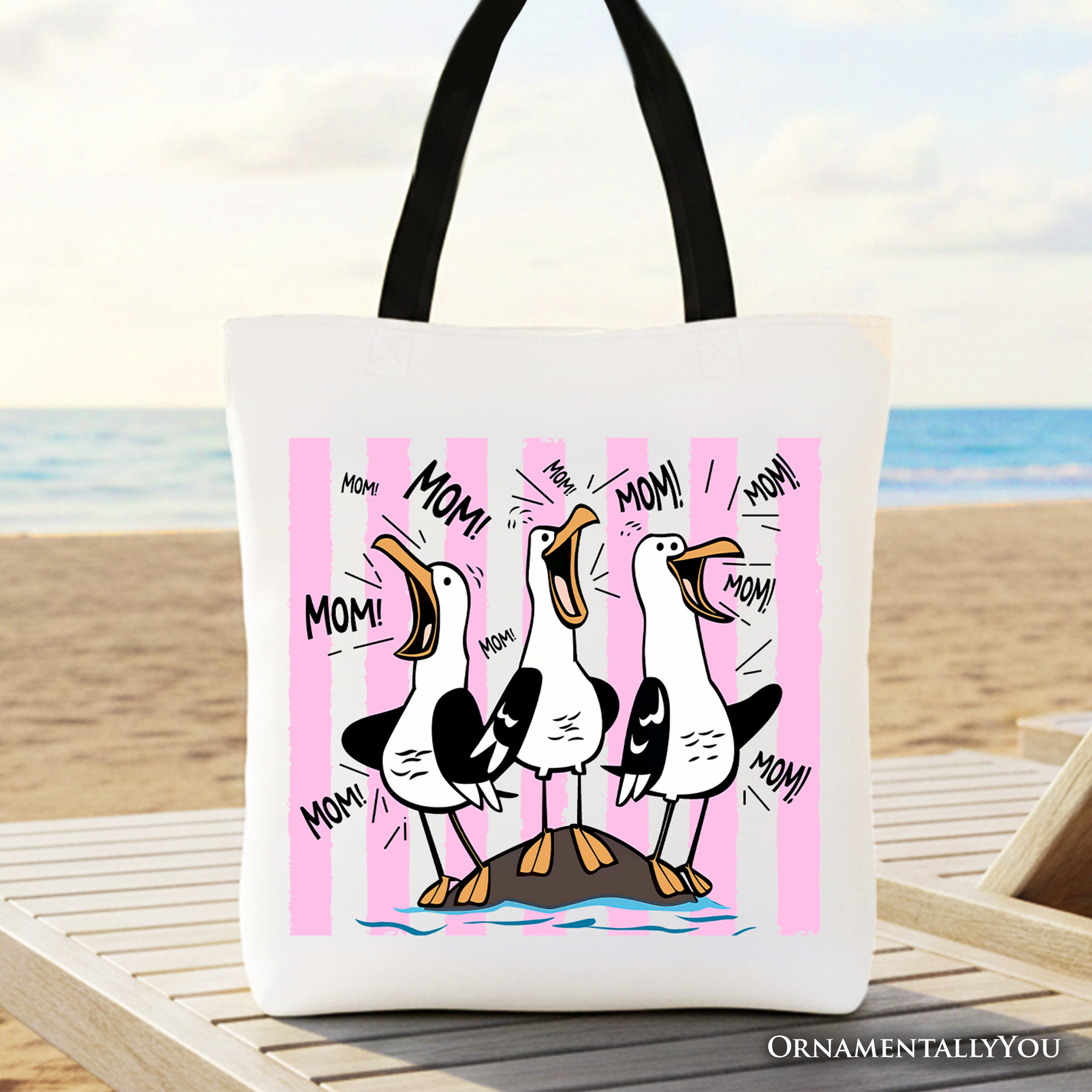 Seagull Mom coquette graphic cotton tote bag in white and pink.