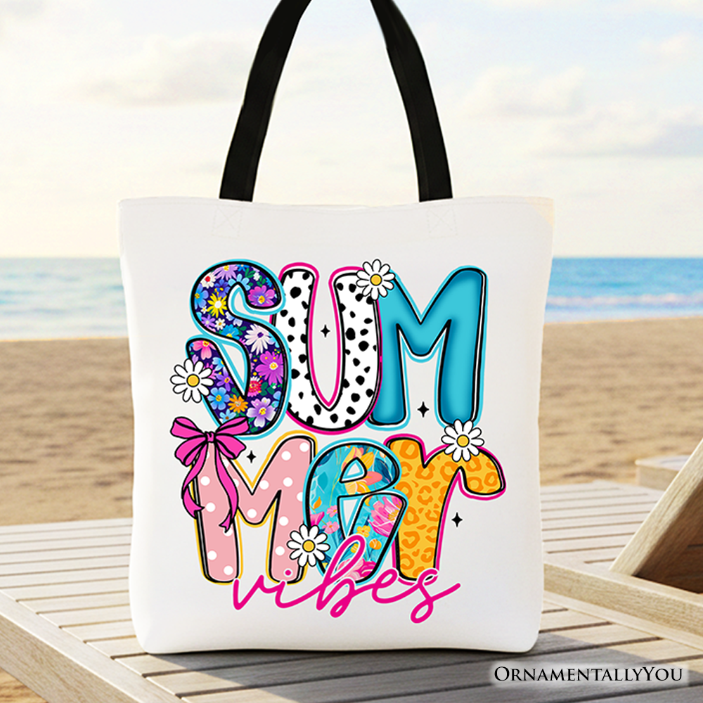 Retro floral Summer Vibes graphic on a spacious canvas beach tote bag