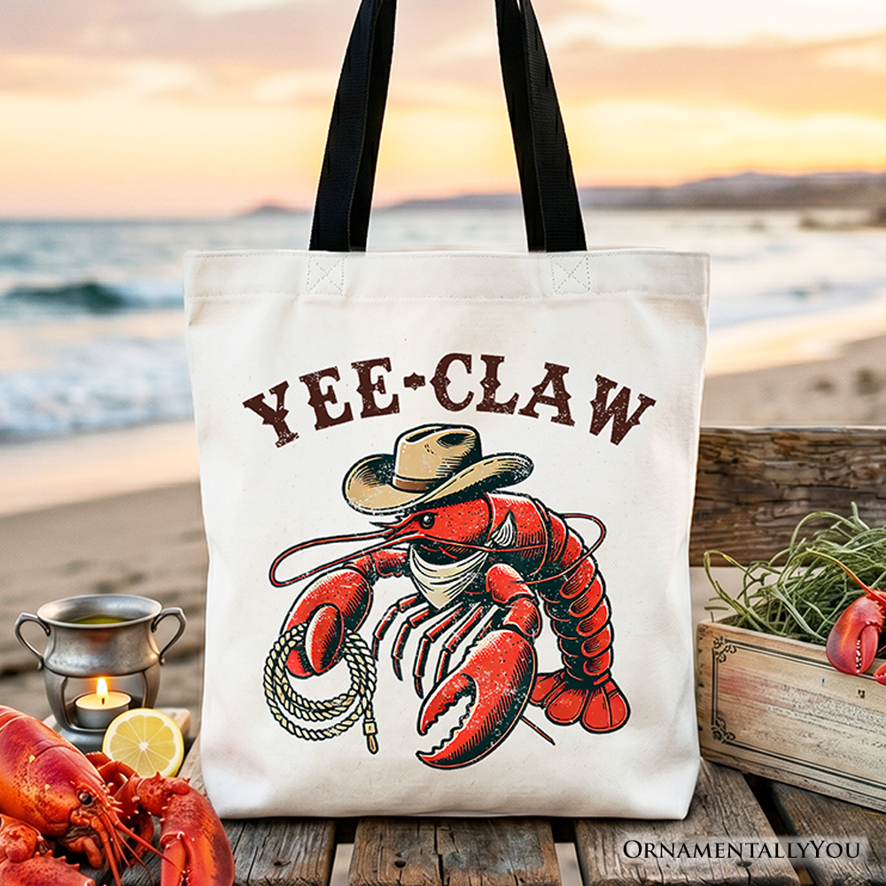 Yee Claw funny lobster cowboy graphic printed on a spacious canvas tote bag