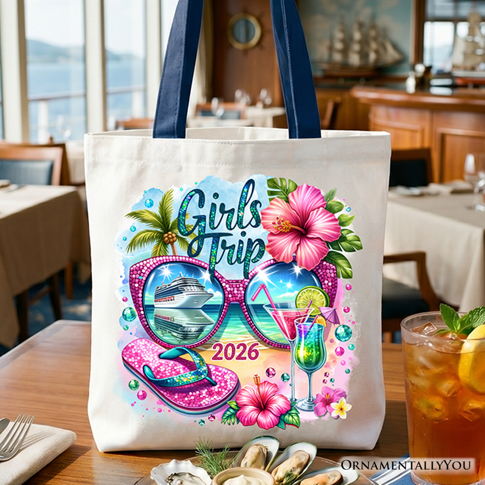 Spacious canvas tote bag with Cruise Girls Trip 2026 tropical graphic for vacation travel